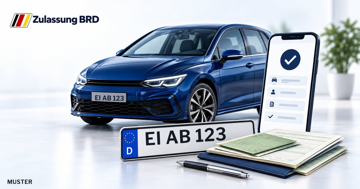 Online Fahrzeugzulassung in Beilngries: Musterkennzeichen EI AB 123, Auto und Fahrzeugpapiere und Smartphone. Illustration mit Logo von Zulassung BRD.